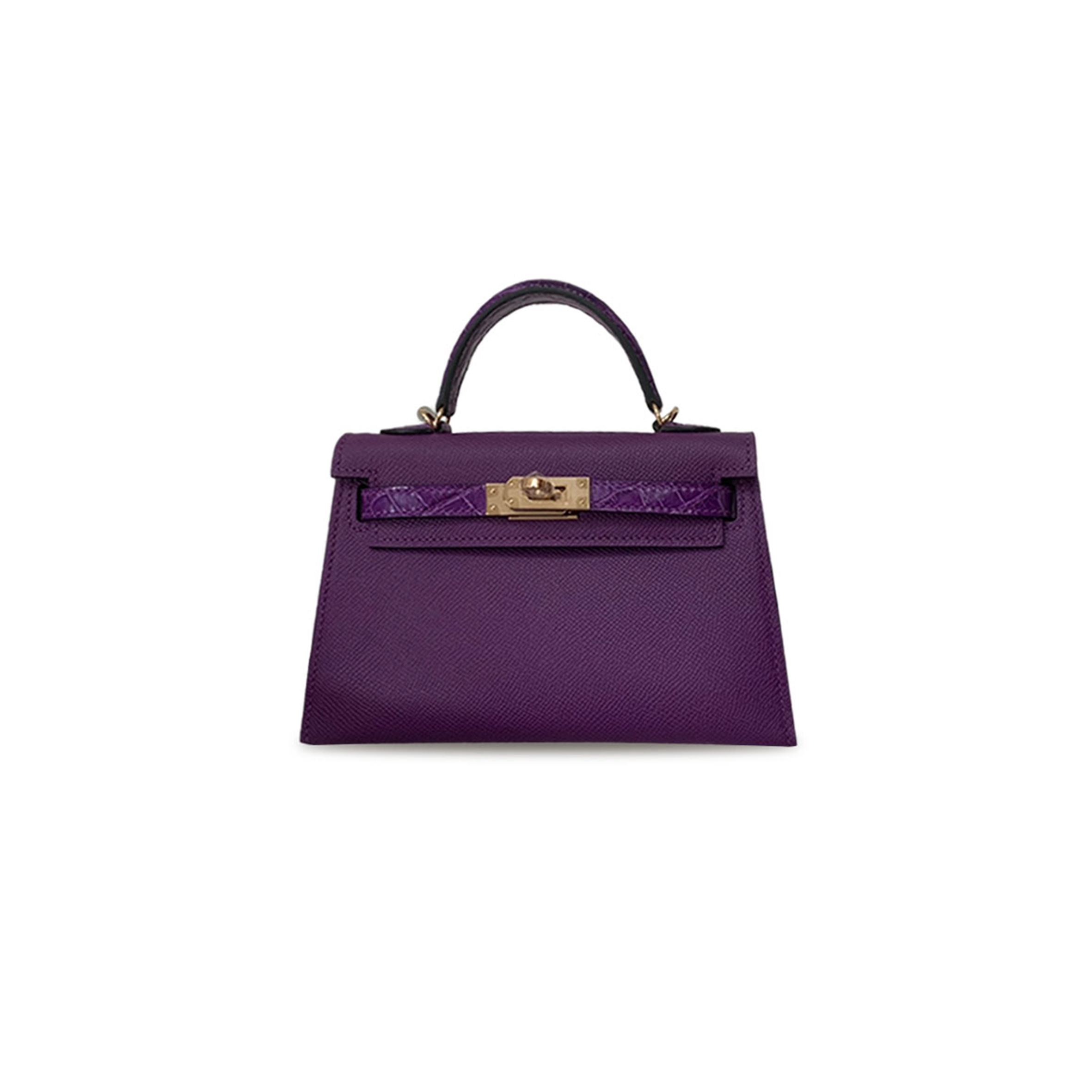 H**mes mini kelly ii epsom leather anemone purple american alligator crystal purple gold buckle hardware (19*12*5.5cm)